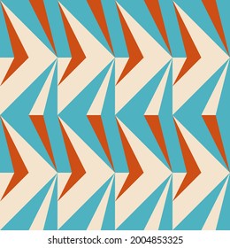 Modern vector abstract geometric background with triangles, rectangles, squares and chevrons in retro scandinavian style. Pastel colored simple shapes graphic seamless pattern.
