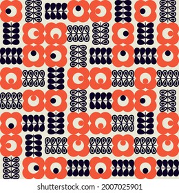 Modern vector abstract  geometric background with stylized flowers, leaves and stems  in retro scandinavian style. Pastel colored simple shapes graphic seamless pattern.