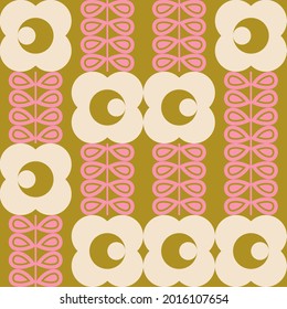 Modern vector abstract  geometric background with stylized flowers, leaves and stems  in retro scandinavian style. Pastel colored simple shapes graphic seamless pattern.