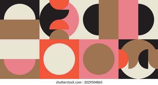Modern vector abstract  geometric background with circles, rectangles and squares  in retro Scandinavian style. Pastel colored simple shapes graphic pattern. Abstract mosaic artwork.