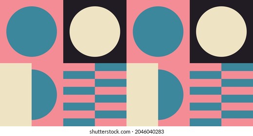 Modern vector abstract  geometric background with circles, rectangles and squares  in retro scandinavian style. Pastel colored simple shapes graphic pattern. Abstract mosaic artwork.