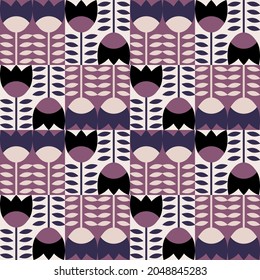 Modern vector abstract  geometric background with stylized flowers, leaves and stems  in retro scandinavian style. Pastel colored simple shapes graphic seamless pattern.