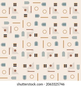 Modern vector abstract  geometric background with circles, rectangles and squares  in retro scandinavian style. Pastel colored simple shapes graphic seamless pattern. Abstract mosaic artwork.