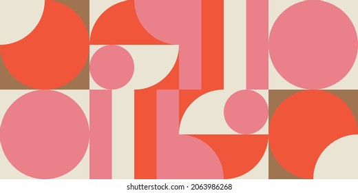Modern vector abstract  geometric background with circles, rectangles and squares  in retro scandinavian style. Pastel colored simple shapes graphic pattern.