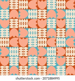 Modern vector abstract  geometric background with stylized flowers, leaves and stems  in retro scandinavian style. Pastel colored simple shapes graphic seamless pattern.