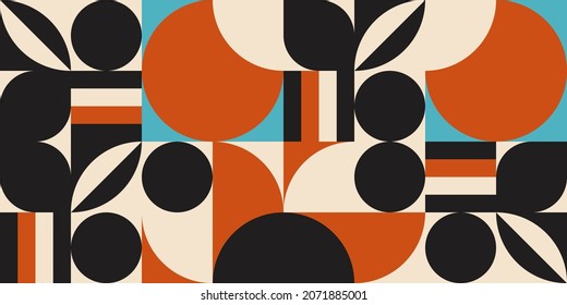 Modern vector abstract  geometric background with circles, rectangles and squares  in retro scandinavian style. Pastel colored simple shapes graphic pattern.