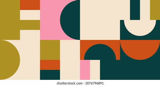Modern vector abstract  geometric background with circles, rectangles and squares  in retro scandinavian style. Pastel colored simple shapes graphic pattern. Abstract mosaic artwork.