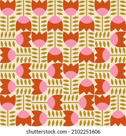 Modern vector abstract  geometric background with stylized flowers, leaves and stems  in retro scandinavian style. Pastel colored simple shapes graphic seamless pattern.