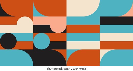 Modern vector abstract  geometric background with circles, rectangles and squares  in retro scandinavian style. Pastel colored simple shapes graphic pattern. Abstract mosaic artwork.