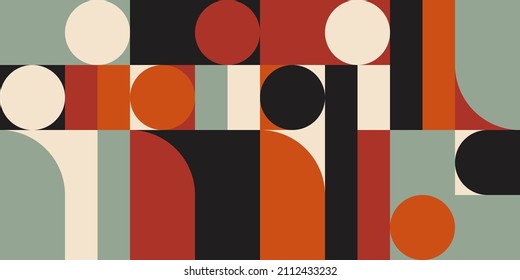 Modern vector abstract  geometric background with circles, rectangles and squares  in retro scandinavian style. Pastel colored simple shapes graphic pattern. Abstract mosaic artwork.