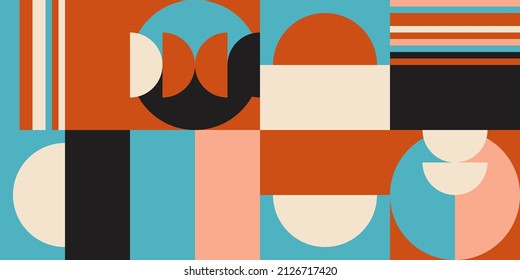 Modern vector abstract  geometric background with circles, rectangles and squares  in retro scandinavian style. Pastel colored simple shapes graphic pattern. Abstract mosaic artwork.