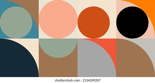 Modern vector abstract  geometric background with circles, rectangles and squares  in retro Scandinavian style. Pastel colored simple shapes graphic pattern.