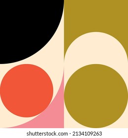 Modern vector abstract  geometric background with circles, rectangles and squares  in retro Scandinavian style. Pastel colored simple shapes graphic pattern.