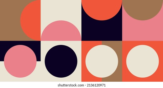Modern vector abstract  geometric background with circles, rectangles and squares  in retro scandinavian style. Pastel colored simple shapes graphic pattern. Abstract mosaic artwork.