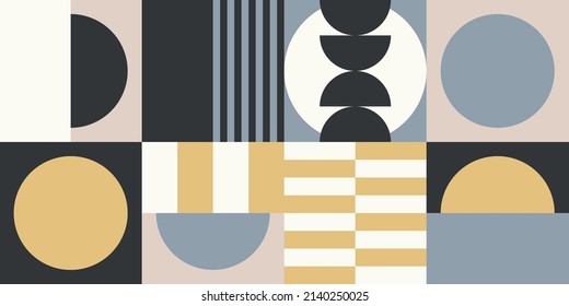 Modern vector abstract  geometric background with circles, rectangles and squares  in retro scandinavian style. Pastel colored simple shapes graphic pattern. Abstract mosaic artwork.