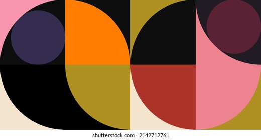 Modern vector abstract  geometric background with circles, rectangles and squares  in retro Scandinavian style. Pastel colored simple shapes graphic pattern.