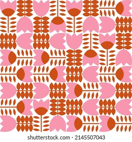 Modern vector abstract  geometric background with stylized flowers, leaves and stems  in retro scandinavian style. Pastel colored simple shapes graphic seamless pattern.