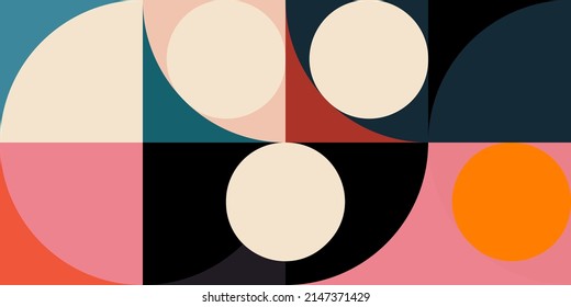 Modern vector abstract  geometric background with circles, rectangles and squares  in retro Scandinavian style. Pastel colored simple shapes graphic pattern.