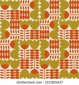 Modern vector abstract  geometric background with stylized flowers, leaves and stems  in retro scandinavian style. Pastel colored simple shapes graphic seamless pattern.