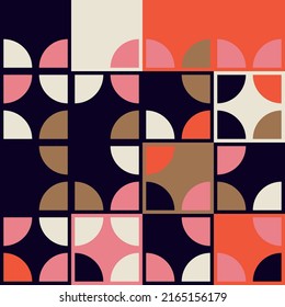 Fondo geométrico abstracto vectorial moderno con círculos, rectángulos y cuadrados en estilo catastrófico retro. Patrón gráfico de formas simples de color pastel. Resumen de arte en mosaico.