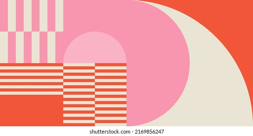 Modern vector abstract  geometric background with circles, rectangles and squares  in retro Scandinavian style. Pastel colored simple shapes graphic pattern.