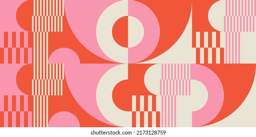 Modern vector abstract  geometric background with circles, rectangles, squares and stripes  in retro Bauhaus style. Pastel colored  
graphic pattern with simple shapes in vintage 70s style.