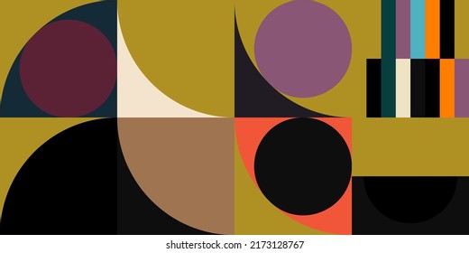 Modern vector abstract  geometric background with circles, rectangles and squares  in retro Scandinavian style. Pastel colored simple shapes graphic pattern.