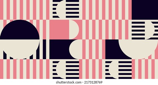 Modern vector abstract  geometric background with circles, rectangles, squares and stripes  in retro Bauhaus style. Pastel colored  
graphic pattern with simple shapes in vintage 70s style.