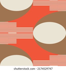 Moderner, abstrakter, geometrischer Hintergrund mit Kreisen, Rechtecken, Quadraten und Streifen im Retro-Bauhaus-Stil. Pastellfarben  
Grafikmuster mit einfachen Formen im Stil der 70er Jahre.