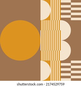Modern vector abstract  geometric background with circles, rectangles, squares and stripes  in retro Bauhaus style. Pastel colored  
graphic pattern with simple shapes in vintage 70s style.
