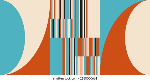 Modern vector abstract  geometric background with circles, rectangles and squares  in retro Scandinavian style. Multi colored simple shapes graphic pattern.
