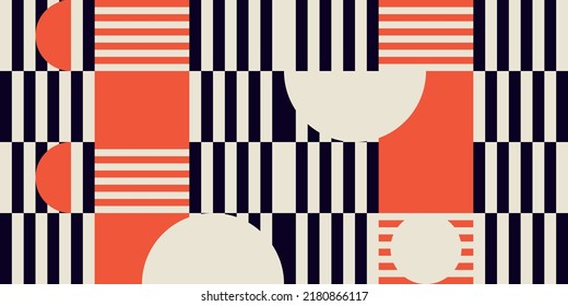 Modern vector abstract  geometric background with circles, rectangles, squares and stripes  in retro Bauhaus style. Pastel colored  
graphic pattern with simple shapes in vintage 70s style.
