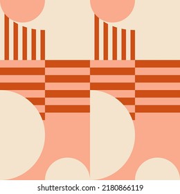 Modern vector abstract  geometric background with circles, rectangles, squares and stripes  in retro Bauhaus style. Pastel colored  
graphic pattern with simple shapes in vintage 70s style.