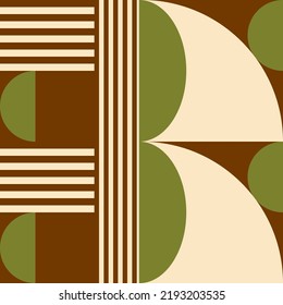 Modern vector abstract  geometric background with circles, rectangles, squares and stripes  in retro Bauhaus style. Pastel colored  
graphic pattern with simple shapes in vintage 70s style.