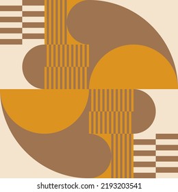 Modern vector abstract  geometric background with circles, rectangles, squares and stripes  in retro Bauhaus style. Pastel colored  
graphic pattern with simple shapes in vintage 70s style.