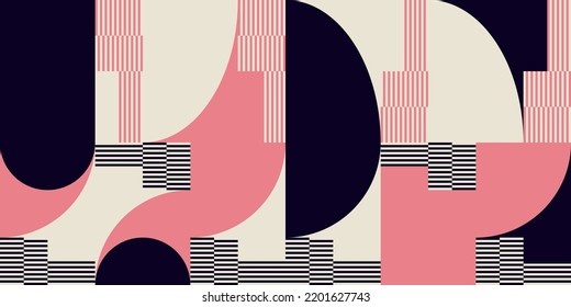 Modern vector abstract  geometric background with circles, rectangles, squares and stripes  in retro Bauhaus style. Pastel colored  
graphic pattern with simple shapes in vintage 70s style.