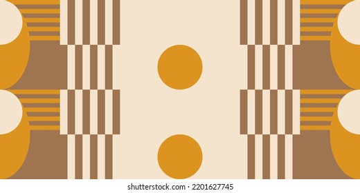 Modern vector abstract  geometric background with circles, rectangles, squares and stripes  in retro Bauhaus style. Pastel colored  
graphic pattern with simple shapes in vintage 70s style.