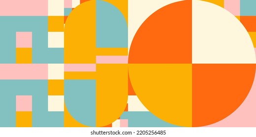 Modern vector abstract  geometric background with circles, rectangles and squares  in retro scandinavian style. Pastel colored simple shapes graphic pattern. Abstract mosaic artwork.