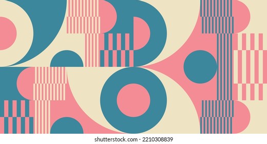 Modern vector abstract  geometric background with circles, rectangles, squares and stripes  in retro Bauhaus style. Pastel colored  
graphic pattern with simple shapes in vintage 70s style.