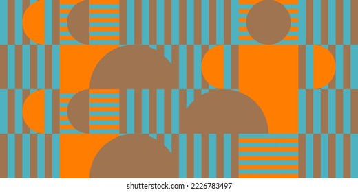 Modern vector abstract  geometric background with circles, rectangles, squares and stripes  in retro Bauhaus style. Pastel colored  
graphic pattern with simple shapes in vintage 70s style.