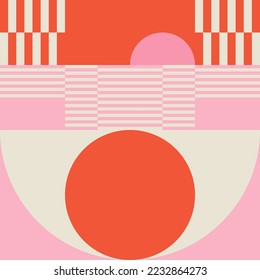 Modern vector abstract  geometric background with circles, rectangles, squares and stripes  in retro Bauhaus style. Pastel colored  
graphic pattern with simple shapes in vintage 70s style.