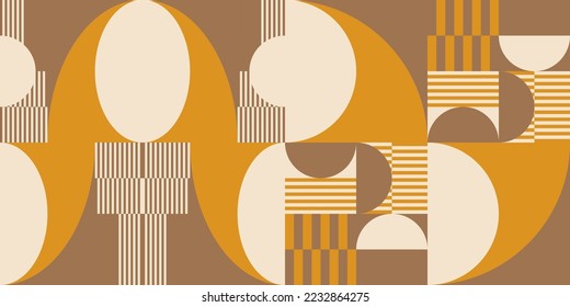 Modern vector abstract  geometric background with circles, rectangles, squares and stripes  in retro Bauhaus style. Pastel colored  
graphic pattern with simple shapes in vintage 70s style.
