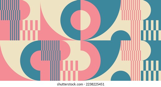 Modern vector abstract  geometric background with circles, rectangles, squares and stripes  in retro Bauhaus style. Pastel colored  
graphic pattern with simple shapes in vintage 70s style.