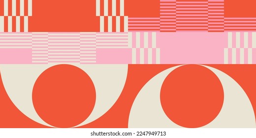 Modern vector abstract  geometric background with circles, rectangles, squares and stripes  in retro Bauhaus style. Pastel colored  
graphic pattern with simple shapes in vintage 70s style.