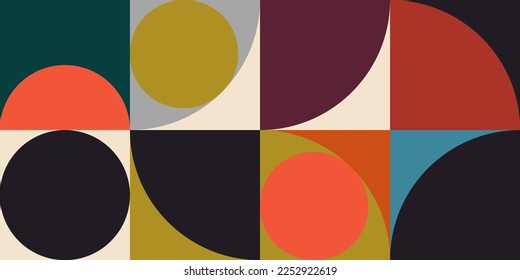Modern vector abstract  geometric background with circles, rectangles and squares  in retro Scandinavian style. Pastel colored simple shapes graphic pattern.
