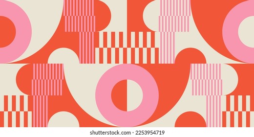 Modern vector abstract  geometric background with circles, rectangles, squares and stripes  in retro Bauhaus style. Pastel colored  
graphic pattern with simple shapes in vintage 70s style.