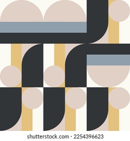 Moderner, abstrakter, geometrischer Hintergrund mit Kreisen, Rechtecken und Quadraten im Retro-Skandinavien-Stil. Pastellfarbene, einfache Formen, grafisches Muster. Abstrakte Mosaikkunst.