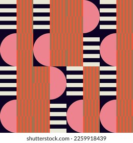 Moderner, abstrakter, geometrischer Hintergrund mit Kreisen, Rechtecken und Quadraten im Retro-Skandinavien-Stil. Pastellfarbene, einfache Formen, grafisches Muster. Abstrakte Mosaikkunst.
