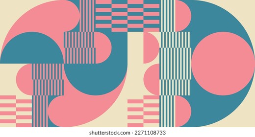 Modern vector abstract  geometric background with circles, rectangles, squares and stripes  in retro Bauhaus style. Pastel colored  
graphic pattern with simple shapes in vintage 70s style.