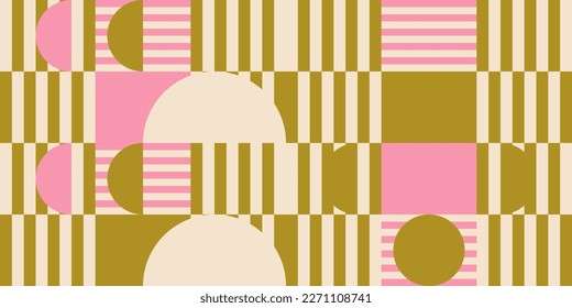 Modern vector abstract  geometric background with circles, rectangles, squares and stripes  in retro Bauhaus style. Pastel colored  
graphic pattern with simple shapes in vintage 70s style.